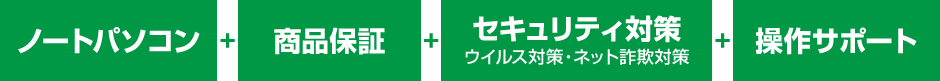 ノートパソコン、長期保証、セキュリティ対策、操作サポートがセットになったお得なパック