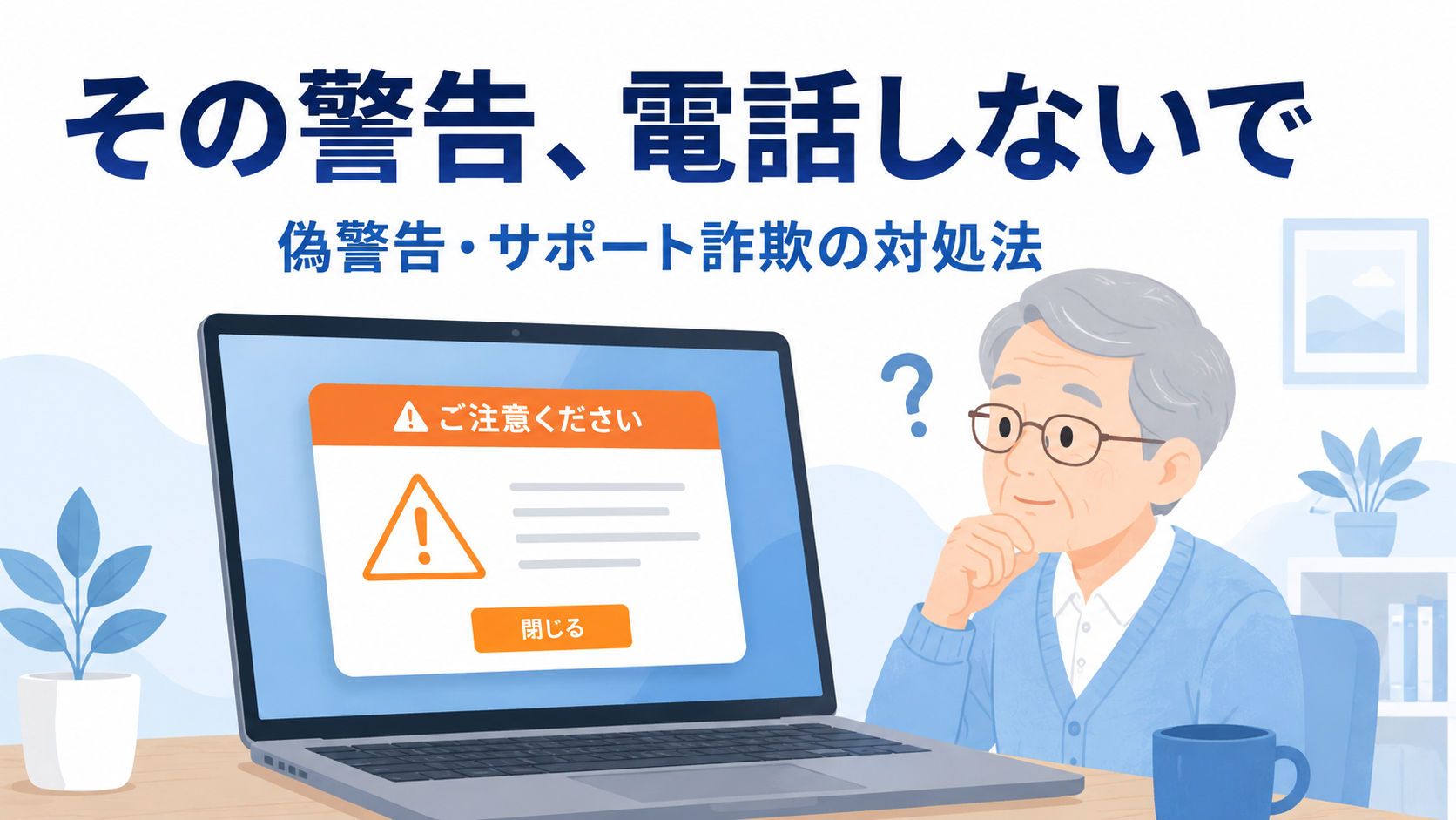 パソコンに出た偽のウイルス警告に戸惑う人と「電話しないで」のメッセージを示すアイキャッチ画像