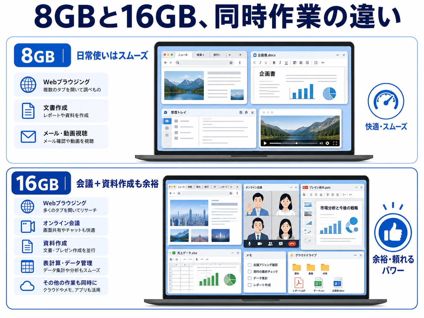メモリ8GBと16GBで同時作業の余裕を比較する図
