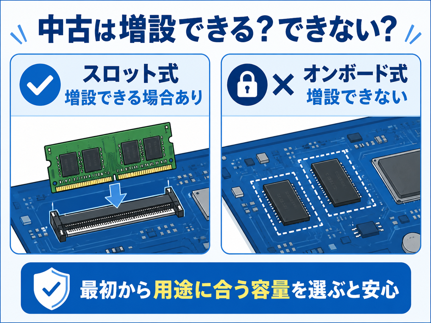 スロット式メモリとオンボードメモリの違いを比較する図