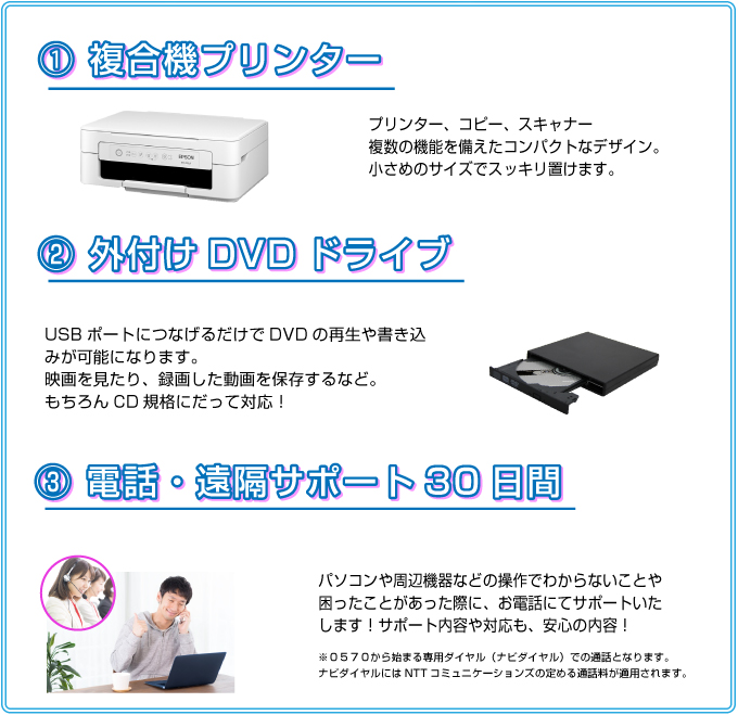 複合機プリンター / 外付けDVDマルチドライブ/電話サポート30日